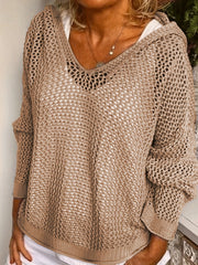 Solid Color Hooded Pullover Sweater, Casual Long Sleeve Cut Out Knitted Sweater For Spring & Summer, Women's Clothing