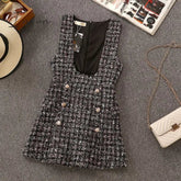 Ingvn - Autumn Winter 2 Piece Set Overalls Dress Women Elegant Ruffles Chiffon Bow Shirt Top+Double Breasted Plaid Tweed Vest Dress