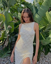 Ingvn - Mesh Dress For Women Sexy Club Solid Sleeveless Hollow Out Knitted Split Long Vestidos Summer Beach Holiday