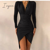 Ingvn - Women's Spring Sexy Package Hips Long-sleeve V-neck Printed Slit Dress Clothing Summer Black Bodycon Dresses For Women Party