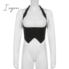 Ingvn - womens fashion gifts for women Goth Dark Fairycore Grunge Patchwork Women T-shirts Gothic Bandage Milkmaid Sexy Halter Crop Tops Long Sleeve Streetwear Clothes