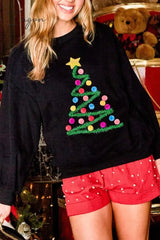 Ingvn - Casual Solid Christmas Tree Embroidered O Neck Tops