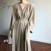 Ingvn - New Lace Up Buttons Women Spring Summer Dresses Fashionable V-Neck Vintage Oversized Lady Pure Long Dress DR1150