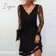 Ingvn - Women's Sexy Dress Autumn Elegant Lace Long Sleeve Mesh Patchwork Dresses V-neck Sequins Party Dress Office Lady Bodycon Dress