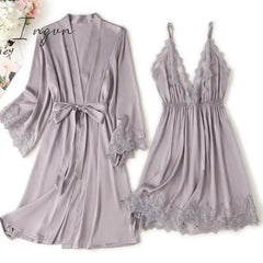 Ingvn - Lace Trim Sexy Wedding Lady Robe Suit Loose Satin Bride Bridesmaid Kimono Bathrobe Gown Mini Sleepwear Rayon Intimate Lingerie
