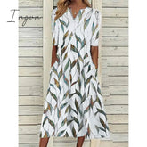 Ingvn - Women's Casual Dress Shift Dress Midi Dress White Blue Half Sleeve Leaf Print Summer Spring V Neck Classic Vacation 2023 S M L XL XXL 3XL