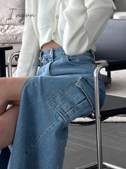 Ingvn - Cargo Jeans Skirt for Women High Waisted Side Pockets Split Fashion Midi Skirt Vintage Casual Streetwear Y2k Skirts
