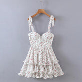 Voguable Summer Sexy Sling Dress Women Floral Print Layer Ruffle Cake Mini Dress Sweet Ladies Holiday Party Short Robe Chic Vestido