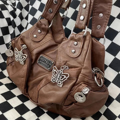 Ingvn Brown Y2k Womens Shoulder Bag Vintage Fashion Soft Pu Leather Gothic Tote Bag Punk Harajuku Casual Large Capacity Handbag