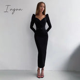 Ingvn - InstaHot Elegant Party Women Dress Slim V Neck Long Sleeve Mid Calf Pencil Dress Casual Office Lady Solid Red Puff Sleeve