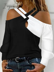 Ingvn - Autumn Winter Colorblock Crisscross Cold Shoulder Top Casual Patchwork Long Sleeve Pullover Blouse Women Clothes