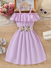 Charming Floral Ruffle Off-Shoulder Suspender Dress - Casual, Elegant, Spring and Summer Essential for Girls - Embroidered Flower Design, Comfortable and Versatile