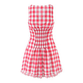 European And American Retro Sexy V Neck Red Plaid Dress Women Floral Embroidery Sleeveless A-line Mini Summer Dresses