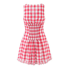 European And American Retro Sexy V Neck Red Plaid Dress Women Floral Embroidery Sleeveless A-line Mini Summer Dresses
