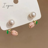 French Light Luxury Pink Tulip Flower Pearl Stud Earrings For Women Korean Zircon Exquisite Earring Party Christmas Jewelry Gift