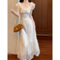 French Style Solid Color Summer Dress Women's Knee-Length Sleeveless Holiday Beach Vacation Skirt Short Flounce Sleeve