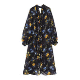 Floral Print Loose Midi Long Dresses Women Turtleneck Lantern Sleeve Boho Vestidos Spring Summer Lady Vacation Dress