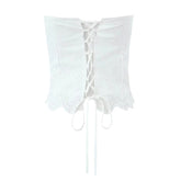 Women Hollow Out Embroidery White Strapless Top Sexy Backless Lacing Up Back Holiday Summer Crop Top Cotton