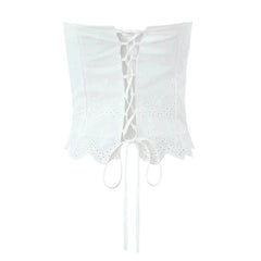 Women Hollow Out Embroidery White Strapless Top Sexy Backless Lacing Up Back Holiday Summer Crop Top Cotton