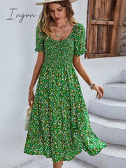 Ingvn - Ladies Sexy Vintage Floral Print Boho Summer Dress Women Casual Elastic Bohemian Beach Dress Women Sundress Robe Vestidos Female