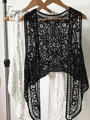 Ingvn - Asymmetric Open Stitch Cardigan Summer Beach Boho Hippie People Style Crochet Knit Embroidery Blouse sleeveless Vest