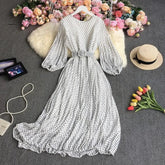 Ingvn - New Spring Autumn French O-neck long sleeve Dress polka dot printing high waist lace up mid-length A-line pleated Dress
