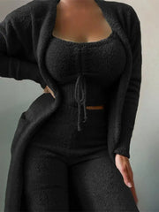 Ingvn - Women's Plus Size Pajamas Robes Gown Sets Nighty 3 Pieces Pure Color Warm Casual Comfort Home Daily Bed Fleece Long Sleeve Crop Top Pant Pocket Winter Fall Green Black