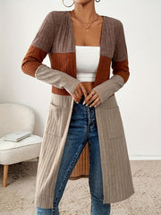 Elegant Women's Color Block Long Sleeve Jacket - Casual Chic, Open Collar with Pockets, Machine Washable - Perfect for Fall