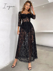 Ingvn - Hot Sale Boho Korean New Mature Woman Sexy Square Collar Lace Mesh Transparent High Waist Split Goddess Full Sleeve Long Dress Dresses 8P