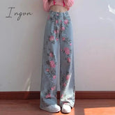 Ingvn - High Waist Flower Pattern Wide Leg Jeans Pants