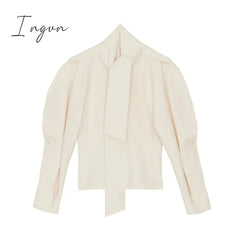 Ingvn - Women Scarf Collar Shirt Spring Summer New Lady Elegant Solid Color Casual Office Wear Shirt Long Sleeve Top