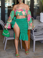 Summer Beach Style Two Piece Set Women Fashion Sexy Printed Off The Shoulder Tube Top Fold Lace-up Slit Skirt 2 Piece Suit Women
