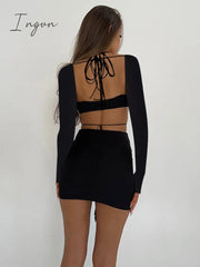 Ingvn - Hollow Out Ruffles Sexy Mini Dress Women Robe Halter Long Sleeve Backless Bodycon Beach Holiday Club Dress Vestido