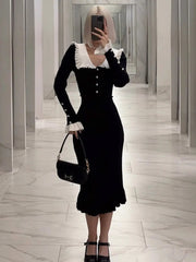 Ruffled Patchwork Knit Maxi Dress For Women Elegant Ribbed Long Sleeve Party Dress Gown Slim Knitwear Fashion Long Dress