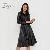 Ingvn - Winter Casual Sashes Pu Leather A-Line Dresses Women Turn-down Collar Long Sleeve Solid Color Knee Dress Office Lady Wear