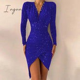 Ingvn - Women's Spring Sexy Package Hips Long-sleeve V-neck Printed Slit Dress Clothing Summer Black Bodycon Dresses For Women Party