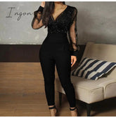 Ingvn - Rompers Womens Jumpsuit Black Elegant Sequins Mesh Glitter Party Night Sexy Spring Long Pants One Piece Clothes Overalls