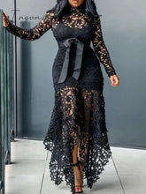 Ingvn - Slim Sexy Dress Women Spaghetti Straps Lace Mesh Perspective Party Fishtail Patchwork Midi Bodycon Plus Size Vestidos