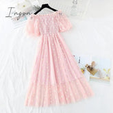 Ingvn - small daisies embroidery mesh dresses women sexy off the shoulder french vintage party ruffle dresses elegant vestidos