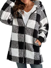 Ingvn - Women's Sherpa Jacket Fleece Long Teddy Coat Windproof Warm Home Christmas Daily Wear Vacation Zipper Pocket Zipper Hoodie Ordinary Modern Plush Plaid Regular Fit Outerwear Long Sleeve Winter Fall