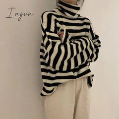 Ingvn - Vintage Striped Loose Turtleneck Knitted Sweater