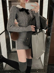 Ingvn - Autumn Korean Suit Sexy Bodycon Mini Skirt + Long Sleeve Solid Short Sweater Woman Knitted 2 Piece Dress Set Retro Casual