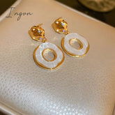 Ingvn - 2023 French Trend Fashion Round Irregular Earrings Exquisite Green White Copper 18K Gold Plated Drop Ear Studs Jewelry
