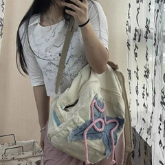 Ingvn Women Y2K Exquisite Sweet Fresh Panelled Handle Satchel Denim Student Preppy Style Literary Backpacks Star Canvas Shoulder Bags