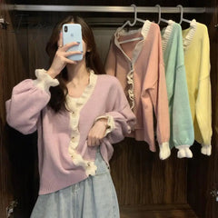 Ingvn - Spring Autumn New Women's Clothing Sweet V-Neck Knitted Cardigan Korean Fashion Buttons Long Sleeve Ruffles Sweaters Female