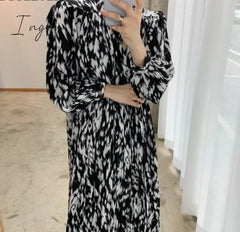 Ingvn - Spring New Stand Collar Women Full Sleeve Dress Elegant Hit Color Female Lace-up Printed Midi Dress Vestidos