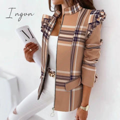 Ingvn - Casual Plaid Zip Blazer Jacket Women Spring Fall Long Sleeve Stand Neck Slim Coats Elegant Leopard Ruffle Office Suit Coat