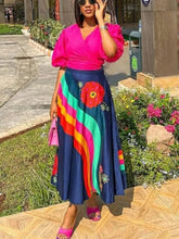 Ingvn - Summer Dresses for Women 2 Piece Outfits Pink Puff Sleeve Wrapped Tops and Midi Printed Swing Skirt Casual Festival Clothing