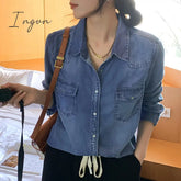 Ingvn - Jeans Shirt for Women Spring 2023 New Long Sleeve Turn Down Collar Oversized Blouses Korean Vintage Casual Long Top