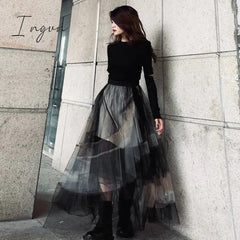 Ingvn - Women Mesh Skirt 2023 Spring High Waist Skirts Female Contrast Color Long length Fashion Streetwear